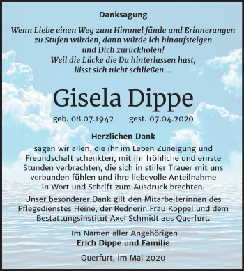 Traueranzeige von Gisela Dippe von Wochenspiegel Merseburg/Querfurt