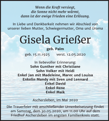 Traueranzeige von Gisela Grießer von Mitteldeutsche Zeitung Aschersleben