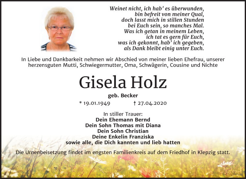  Traueranzeige für Gisela Holz vom 02.05.2020 aus Super Sonntag Köthen