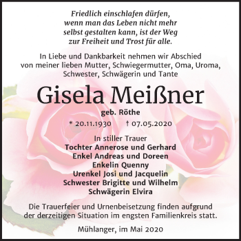 Traueranzeige von Gisela Meißner von Super Sonntag Wittenberg