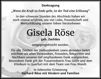 Traueranzeige von Gisela Röse von Super Sonntag Merseburg/Querfurt
