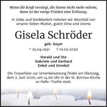 Traueranzeige von Gisela Schröder von Mitteldeutsche Zeitung Halle/Saalkreis