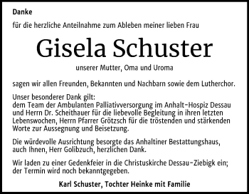 Traueranzeige von Gisela Schuster von Mitteldeutsche Zeitung Dessau-Roßlau