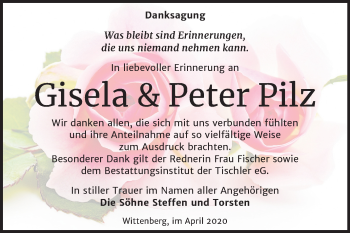 Traueranzeige von Gisela und Peter Pilz von Super Sonntag Wittenberg