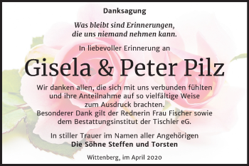 Traueranzeige von Gisela und Peter Pilz von Mitteldeutsche Zeitung Wittenberg