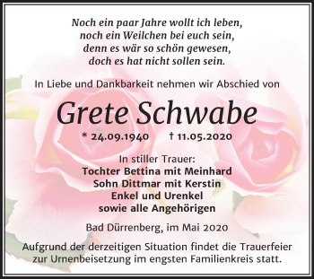 Traueranzeige von Grete Schwabe von Mitteldeutsche Zeitung Merseburg/Querfurt