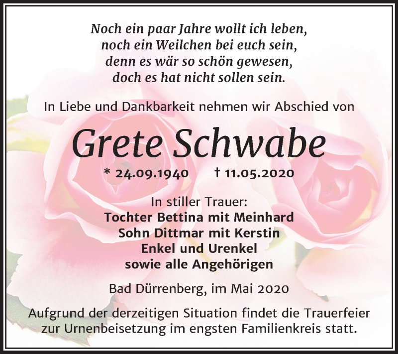  Traueranzeige für Grete Schwabe vom 16.05.2020 aus Mitteldeutsche Zeitung Merseburg/Querfurt