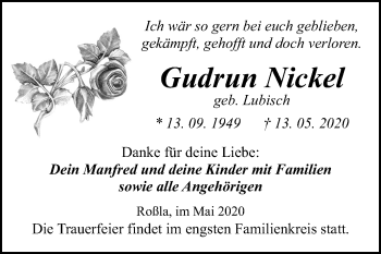 Traueranzeige von Gudrun Nickel von Super Sonntag Sangerhausen