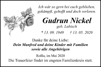 Traueranzeige von Gudrun Nickel von Mitteldeutsche Zeitung Sangerhausen
