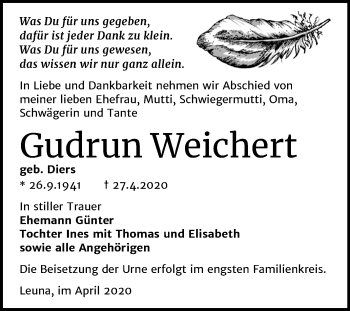 Traueranzeige von Gudrun Weichert von Super Sonntag Merseburg/Querfurt
