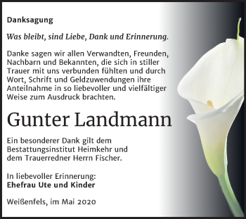 Traueranzeige von Gunter Landmann von Mitteldeutsche Zeitung Weißenfels