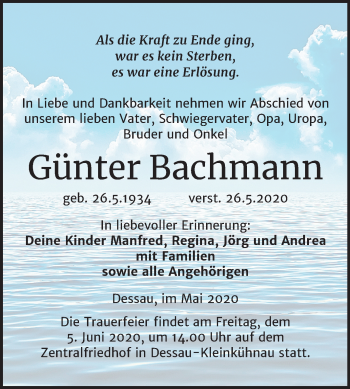 Traueranzeige von Günter Bachmann von Mitteldeutsche Zeitung Dessau-Roßlau