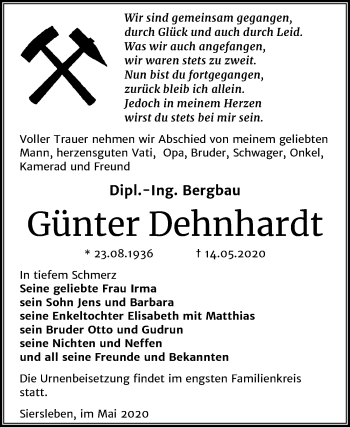 Traueranzeige von Günter Dehnhardt von Super Sonntag Mansfelder Land