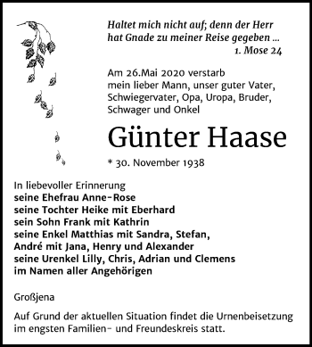 Traueranzeige von Günter Haase von Mitteldeutsche Zeitung Naumburg/Nebra