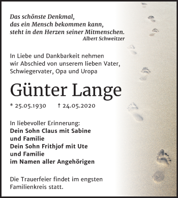 Traueranzeige von Günter Lange von Mitteldeutsche Zeitung Halle/Saalkreis