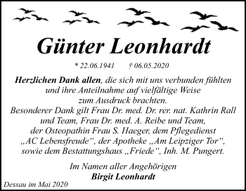Traueranzeige von Günter Leonhardt von Super Sonntag Dessau-Roßlau