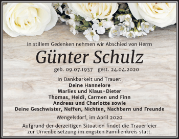 Traueranzeige von Günter Schulz von Mitteldeutsche Zeitung Weißenfels