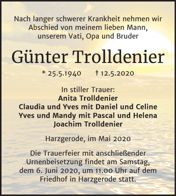 Traueranzeige von Günter Trolldenier von Super Sonntag Quedlinburg