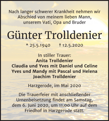 Traueranzeige von Günter Trolldenier von Mitteldeutsche Zeitung Quedlinburg