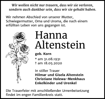 Traueranzeige von Hanna Altenstein von Mitteldeutsche Zeitung Bernburg