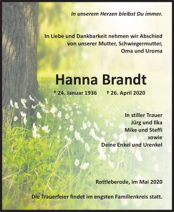 Traueranzeige von Hanna Brandt von Super Sonntag Sangerhausen