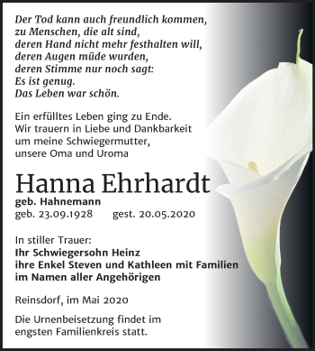 Traueranzeige von Hanna Ehrhardt von Wochenspiegel Naumburg/Nebra