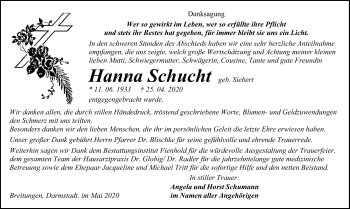 Traueranzeige von Hanna Schucht von Mitteldeutsche Zeitung Sangerhausen