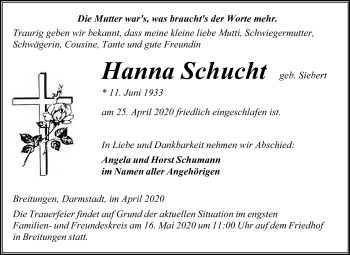 Traueranzeige von Hanna Schucht von Super Sonntag Sangerhausen