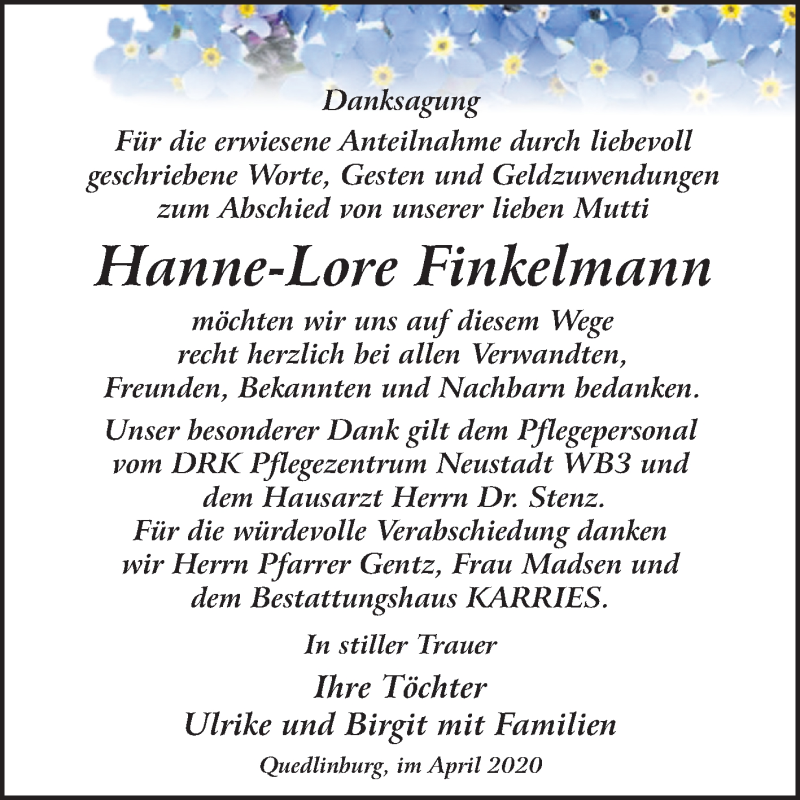  Traueranzeige für Hanne-Lore Finkelmann vom 09.05.2020 aus Super Sonntag Quedlinburg