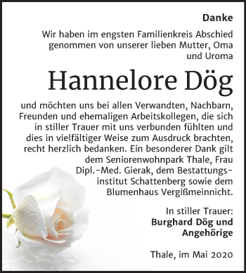 Traueranzeige von Hannelore Dög von Mitteldeutsche Zeitung Quedlinburg