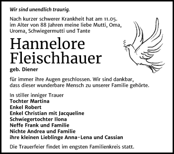 Traueranzeige von Hannelore Fleischhauer von Super Sonntag Dessau-Roßlau