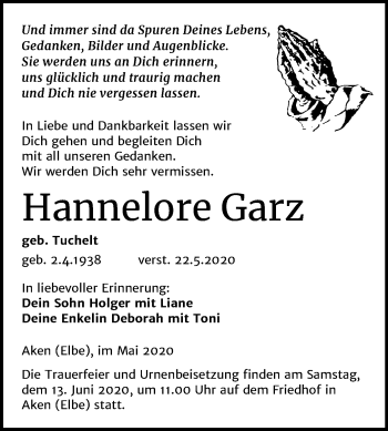 Traueranzeige von Hannelore Garz von Mitteldeutsche Zeitung Köthen
