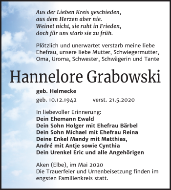 Traueranzeige von Hannelore Grabowski von Mitteldeutsche Zeitung Köthen