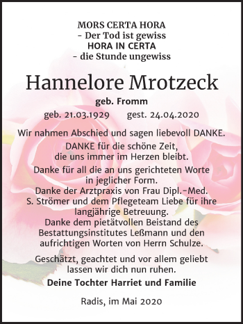 Traueranzeige von Hannelore Mrotzeck von Super Sonntag Wittenberg