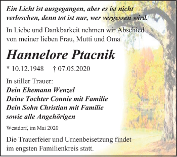 Traueranzeige von Hannelore Ptacnik von Super Sonntag Aschersleben