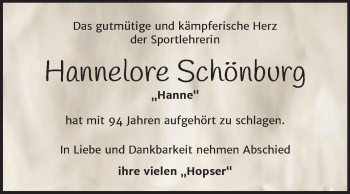 Traueranzeige von Hannelore Schönburg von Mitteldeutsche Zeitung Bernburg