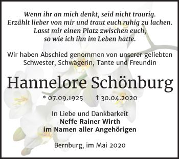Traueranzeige von Hannelore Schönburg von Super Sonntag Bernburg
