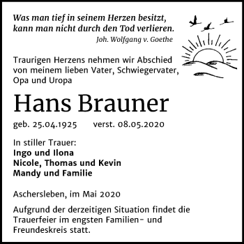 Traueranzeige von Hans Brauner von Mitteldeutsche Zeitung Aschersleben