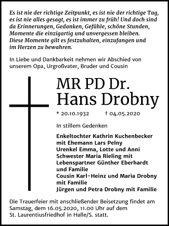 Traueranzeige von Hans Drobny von Mitteldeutsche Zeitung Bitterfeld