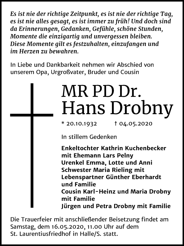  Traueranzeige für Hans Drobny vom 09.05.2020 aus Mitteldeutsche Zeitung Bitterfeld
