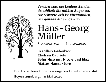 Traueranzeige von Hans-Georg Müller von Wochenspiegel Sangerhausen