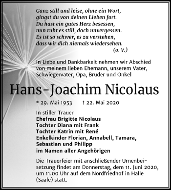 Traueranzeige von Hans-Joachim Nicolaus von Mitteldeutsche Zeitung Halle/Saalkreis