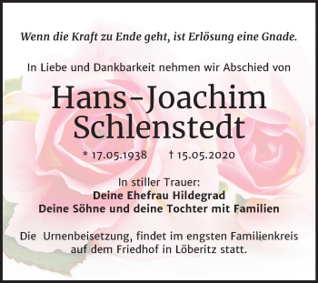 Traueranzeige von Hans-Joachim Schlenstedt von Mitteldeutsche Zeitung Bitterfeld