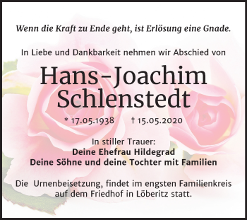 Traueranzeige von Hans-Joachim Schlenstedt von Wochenspiegel Bitterfeld