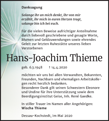 Traueranzeige von Hans-Joachim Thieme von Mitteldeutsche Zeitung Dessau-Roßlau