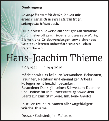 Traueranzeige von Hans-Joachim Thieme von Super Sonntag Dessau-Roßlau