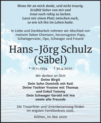 Traueranzeige von Hans-Jörg Schulz von Super Sonntag Köthen