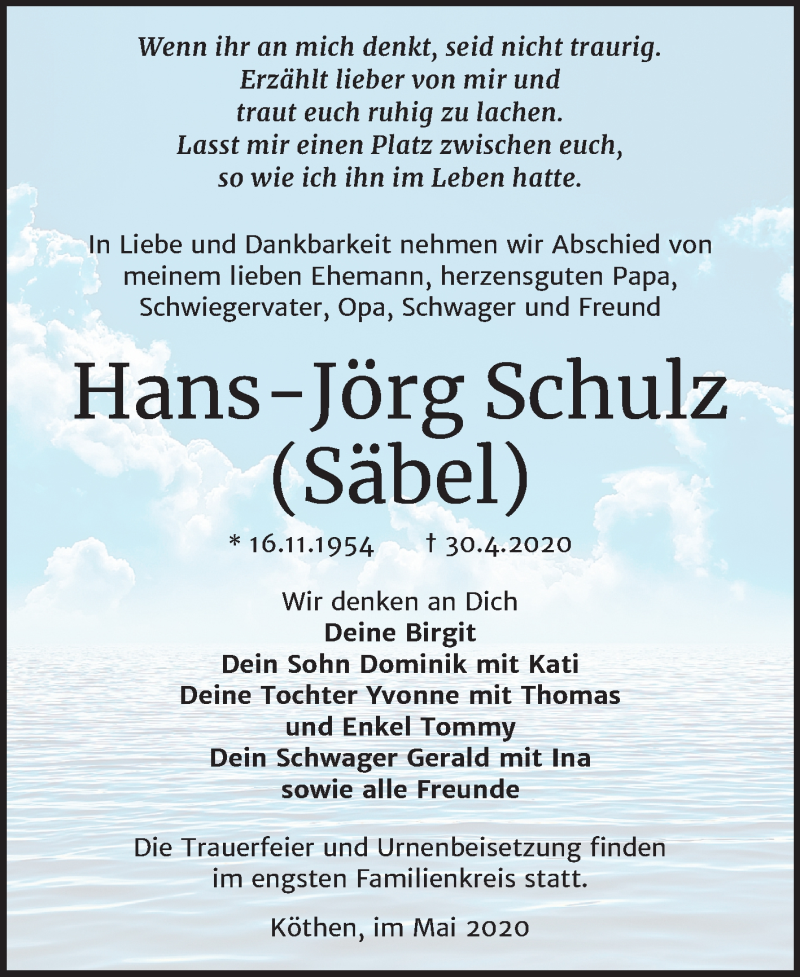  Traueranzeige für Hans-Jörg Schulz vom 09.05.2020 aus Super Sonntag Köthen