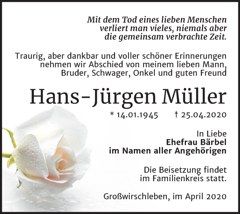  Traueranzeige für Hans-Jürgen Müller vom 02.05.2020 aus Super Sonntag Bernburg