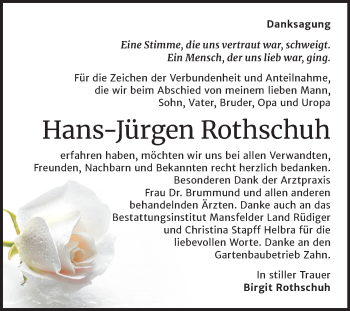 Traueranzeige von Hans-Jürgen Rothschuh von Mitteldeutsche Zeitung Mansfelder Land